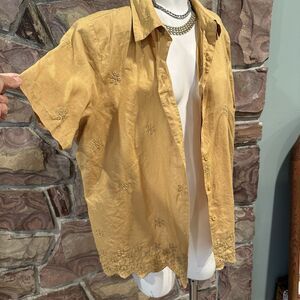 Dina K Womens Linen Blend Shirt Plus Embroidered Button Up Beach Summer 1X